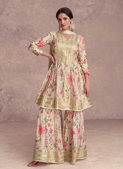 Digital Print Beige Chinon Embroidered Sharara Suit