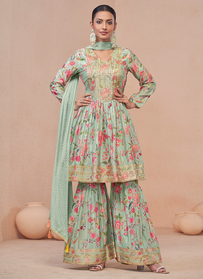 Chinon Digital Print Embroidered Sharara Suit In Sea Green