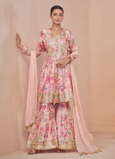 Chinon Digital Print Embroidered Pink Sharara Suit