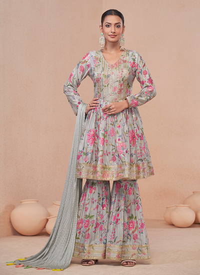 Gray Digital Print Chinon Embroidered Sharara Suit