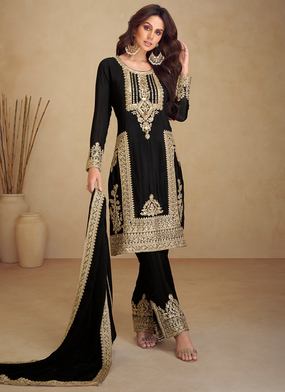 Black Readymade Real Chinon Cording Sequins Embroidered Pakistani Pant Suit