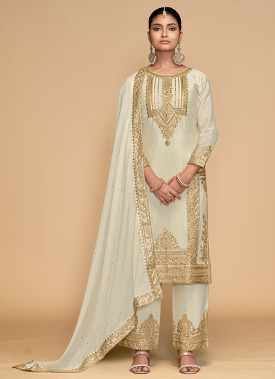 Real Chinon Off White Readymade Cording Sequins Embroidered Pakistani Pant Suit