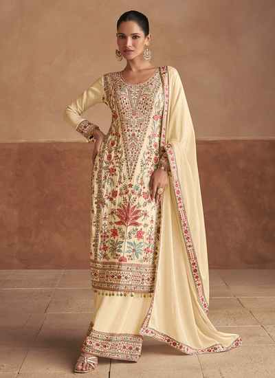 Cream Chinon Readymade Mirror And Sequins Multi Embroidered Palazzo Suit