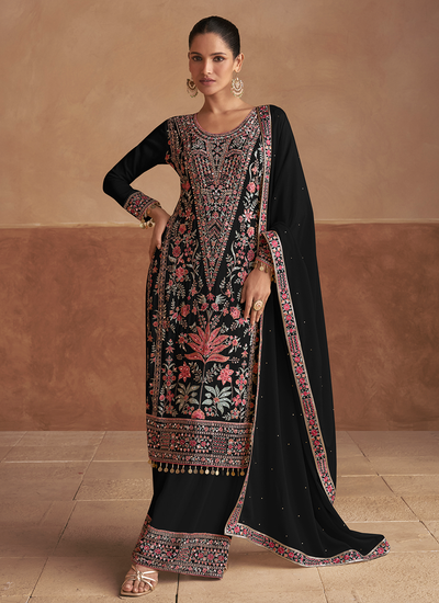 Readymade Black Chinon Mirror And Sequins Multi Embroidered Palazzo Suit