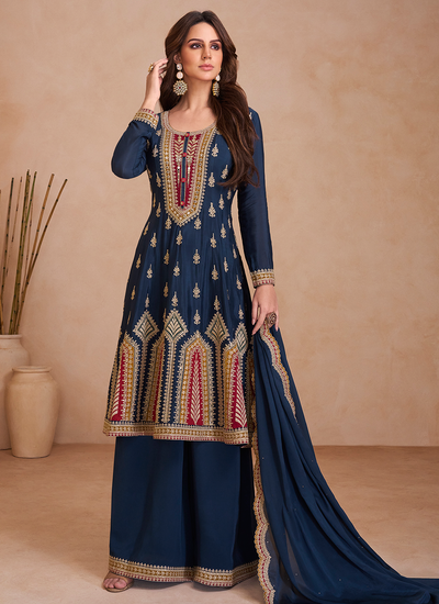 Readymade Blue Chinon Embroidered With Stone And Mirror Embellishment Palazzo Suit