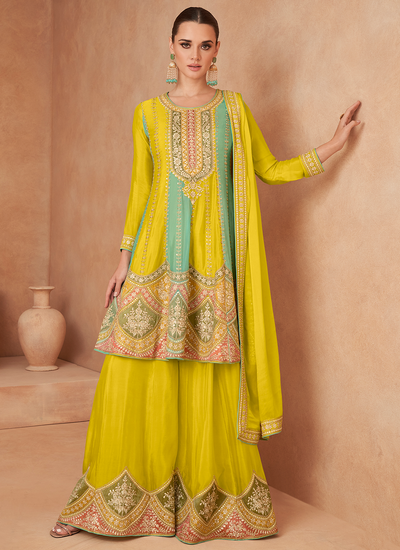 Yellow Readymade Chinon Sequins Embroidered Festive Wear Palazzo Suit