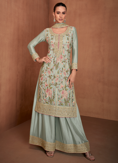 Dusty Sea Green Festive Wear Chinon Mirror, Sequins And Embroidery Work Palazzo Suit