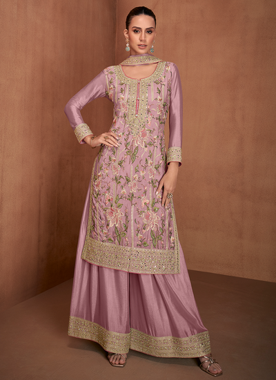 Festive Wear Mauve Chinon Mirror, Sequins And Embroidery Work Palazzo Suit