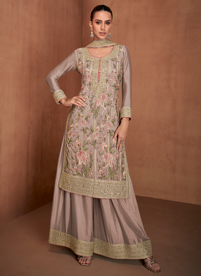 Chinon Pale Mauve Chinon Festive Wear Mirror, Sequins And Embroidery Work Palazzo Suit