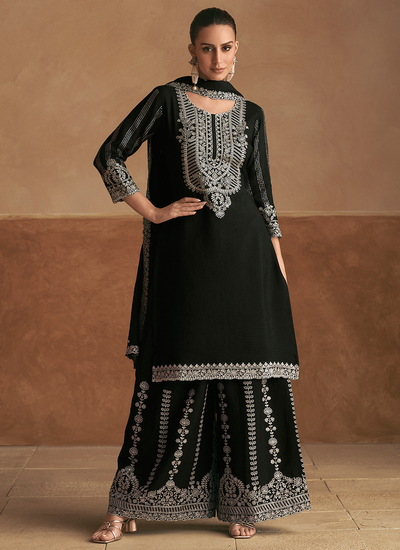 Pakistani Black Sequins Thread Embroidered Chinon Palazzo Salwar Suit