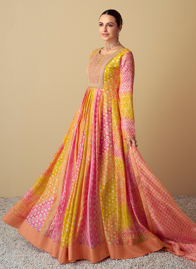 Yellow And Pink Sequins Beads Zarkan Work Muslin Digital Printed Anarkali Gown With Dupatta