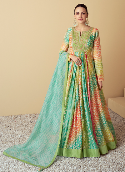 Muslin Green And Multicolor Sequins Beads Zarkan Work Digital Printed Anarkali Gown With Dupatta