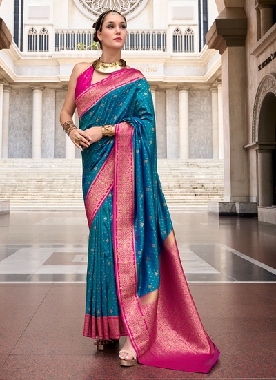 Zari Woven Peacock Blue Soft Silk Festive Wear Rich Pallu Saree