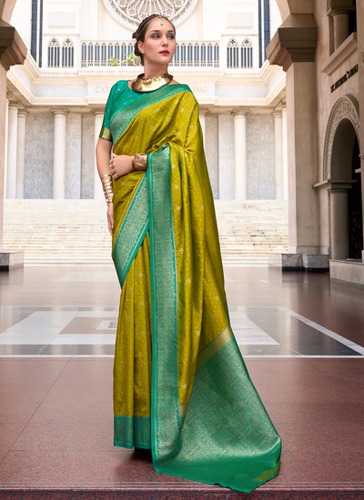 Olive Green Festive Wear Woven Soft Silk Weaving Border Rich Pallu Saree