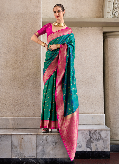 Teal Soft Silk Zari Weaving Border Rich Pallu Festive Wear Saree