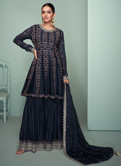 Navy Blue Chinon Reshamkari Embroidery And Stone Embellished Sharara Suit