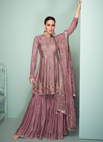 Readymade Chinon Sequins Reshamkari Embroidery Rose Gold Sharara Suit