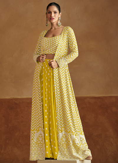 Embroidered Yellow Real Georgette Crop Top Indo Western Lehenga With Jacket