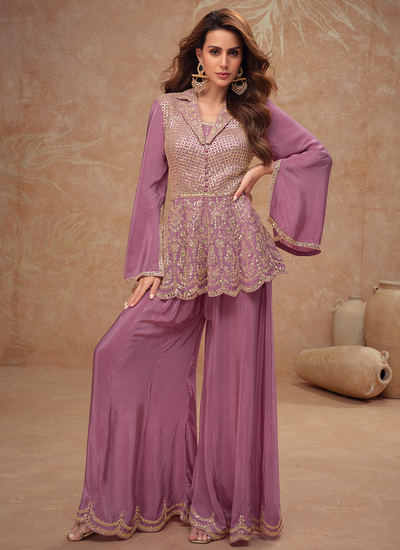 Party Wear Mauve Embroidered Chinon Indo Western Peplum Style Pant Suit