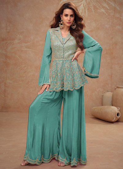 Turquoise Party Wear Embroidered Chinon Indo Western Peplum Style Pant Suit