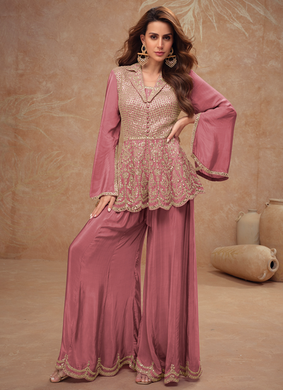 Chinon Party Wear Embroidered Rose Gold Indo Western Peplum Style Pant Suit