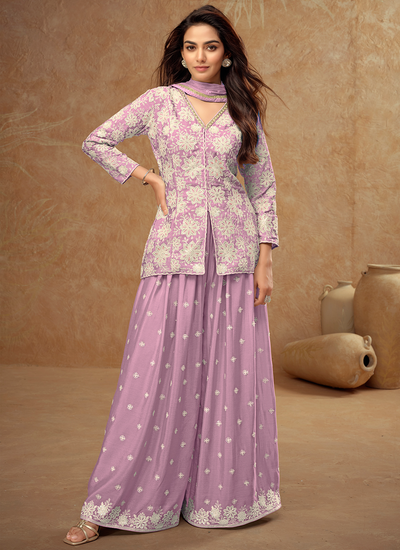 Lilac Real Chinon Sequins Embroidered Party Wear Koti Style Kurti And Palazzo Suit