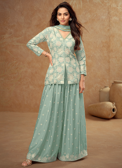 Real Chinon Party Wear Pastel Green Sequins Embroidered Koti Style Kurti And Palazzo Suit