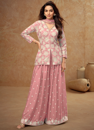 Pink Party Wear Sequins Embroidered Real Chinon Koti Style Kurti And Palazzo Suit