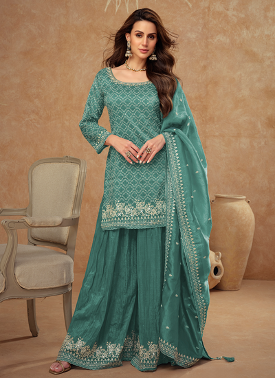 Turquoise Readymade Silk Sequins Embroidered Party Wear Sharara Suit