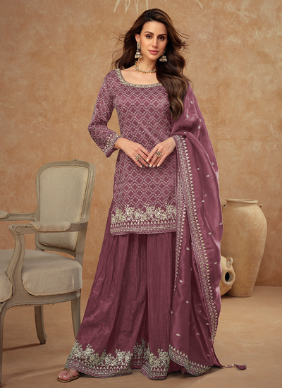 Silk Sequins Embroidered Party Wear Readymade Sharara Suit In Dark Mauve