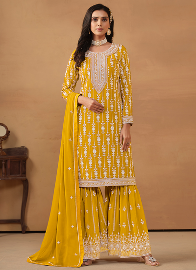 Yellow Faux Georgette Embroidered Festive Wear Sharara Suit