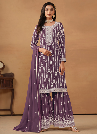 Faux Georgette Lavender Embroidered Festive Wear Sharara Suit