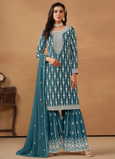 Festive Wear Faux Georgette Peacock Blue Embroidered Sharara Suit