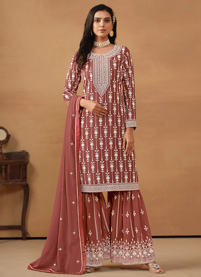 Embroidered Festive Wear Faux Georgette Sharara Suit In Copper Rust