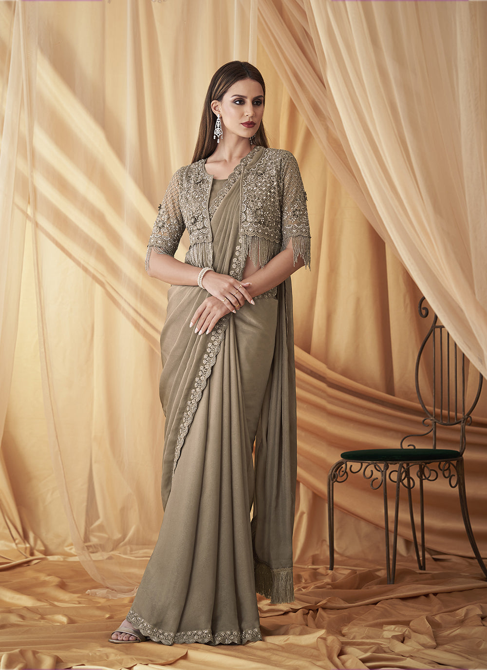 Satin Georgette Embroidered Party Wear Saree With Jacket In Beige Siya Fashion