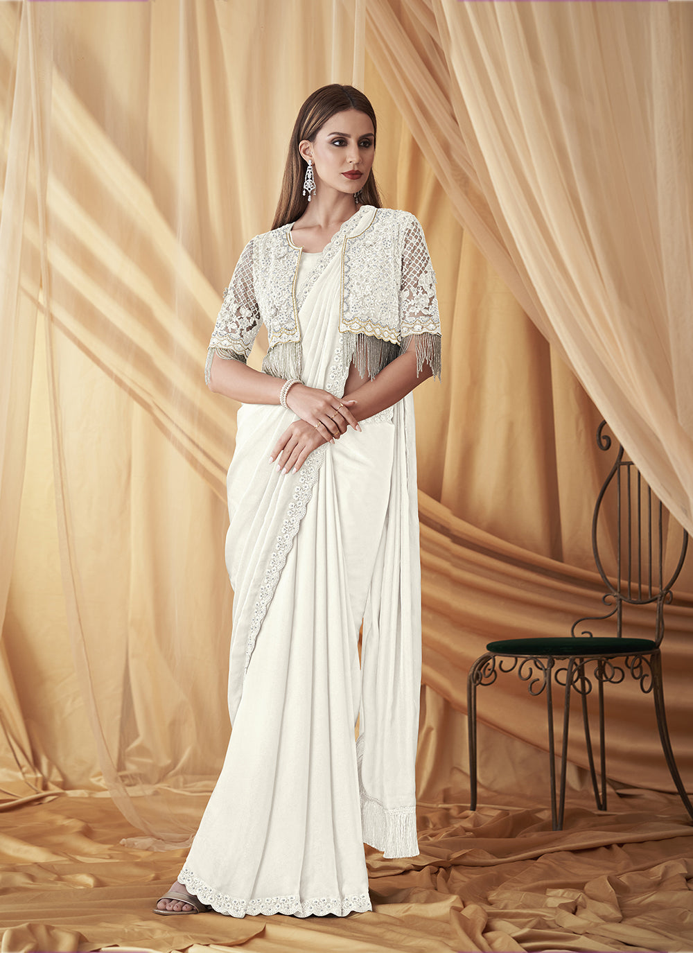 Satin Georgette Embroidered Off White Party Wear Saree With Jacket Siya Fashion