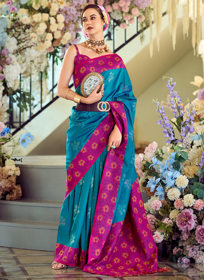 Ikkat Base Soft Silk Blue Green Saree With Weaving Beautiful Contrast Border