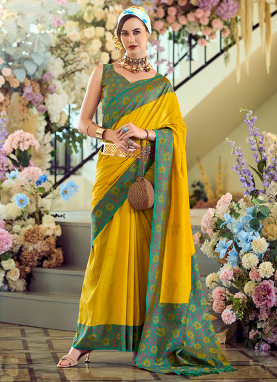 Yellow Ikkat Design Weaving Soft Silk Saree With Beautiful Contrast Blouse