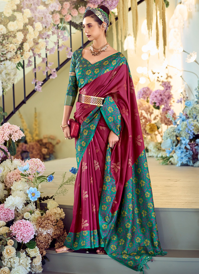 Latest Ikkat Weaving Soft Silk Magenta Festival Saree With Beautiful Contrast Blouse