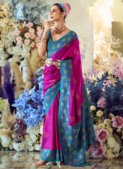 Designer Rani Soft Silk Ikkat Weaving Saree With Beautiful Contrast Blouse