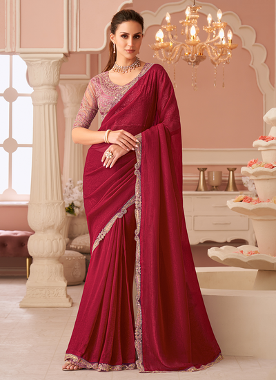 Cherry Red Party Wear Georgette Sequins Embroidered Patch Border Saree