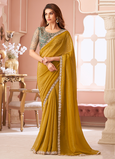 Party Wear Yellow Georgette Sequins Embroidered Patch Border Saree