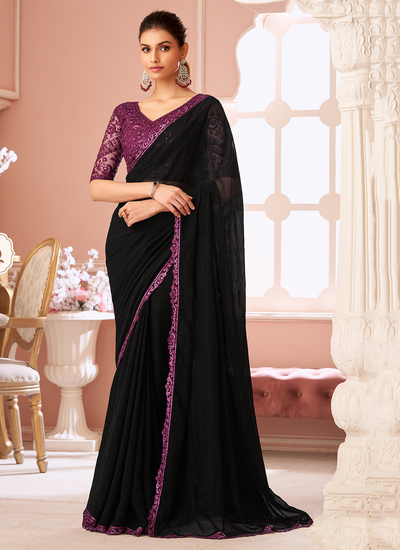 Black Georgette Party Wear Sequins Embroidered Patch Border Saree