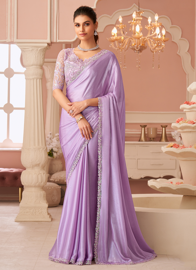 Designer Lilac Party Wear Chiffon Satin Sequins Embroidered Patch Border Saree