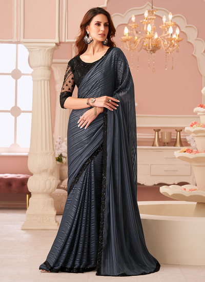 Georgette Ink Black Sequins Embroidered Patch Border Party Wear Saree