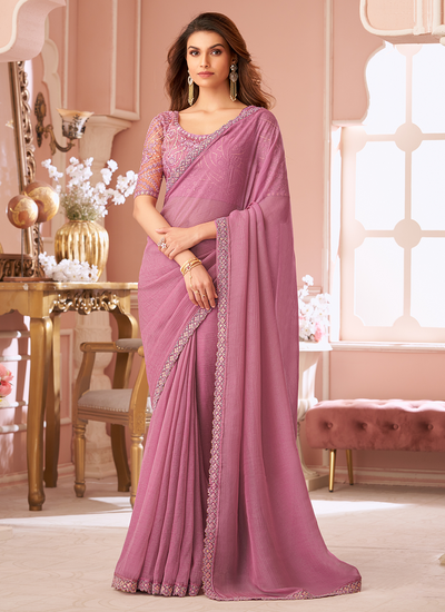 Onion Pink Georgette Party Wear Sequins Embroidered Patch Border Saree