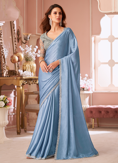 Party Wear Baby Blue Chiffon Satin Sequins Embroidered Patch Border Saree