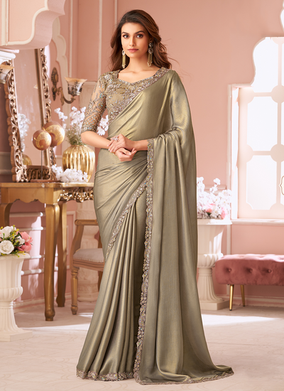 Champagne Gold Chiffon Satin Party Wear Sequins Embroidered Patch Border Saree