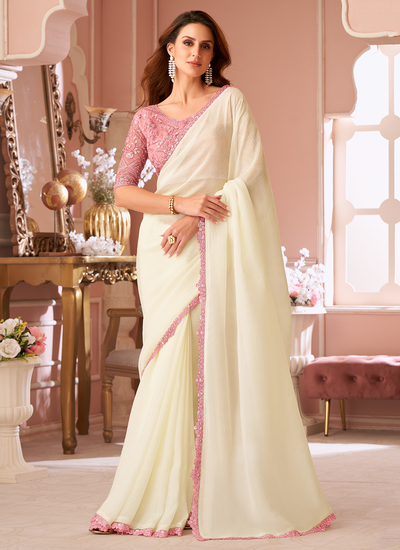 Georgette Party Wear Cream Sequins Embroidered Patch Border Saree