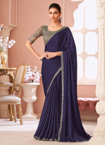 Party Wear Violet Satin Silk Sequins Embroidered Patch Border Saree